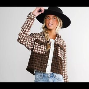 Gilded Intent Brown Houndstooth Cropped Jacket Button Front Boho Western‎ Large